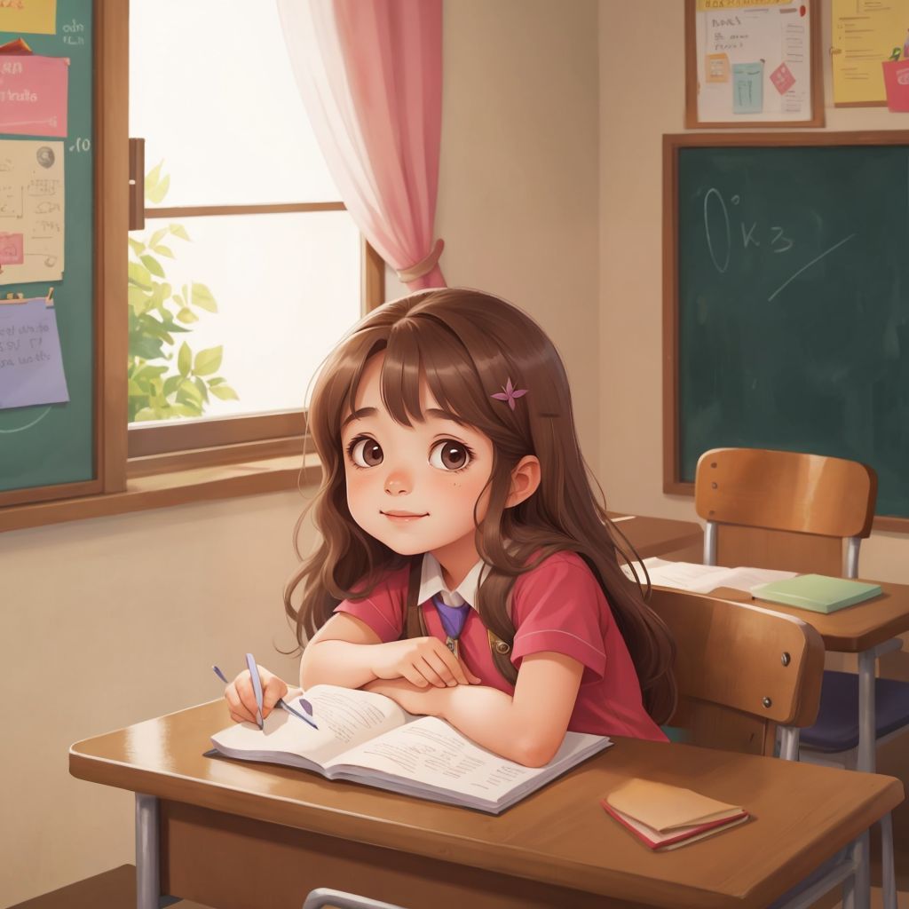 Luna sitting in a classroom, smiling and nodding at Miss Emily