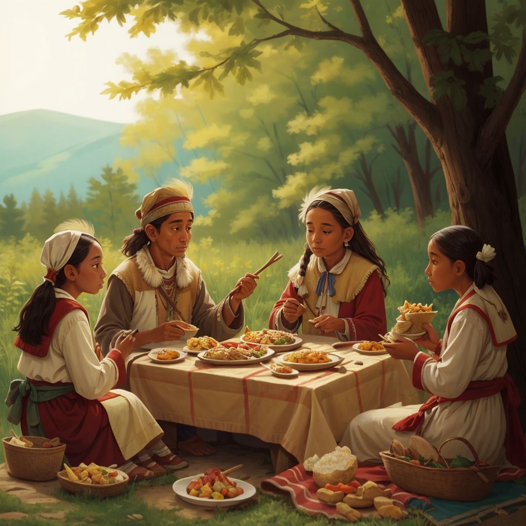 A group of Pilgrims and Wampanoag Indians sharing a meal outdoors
