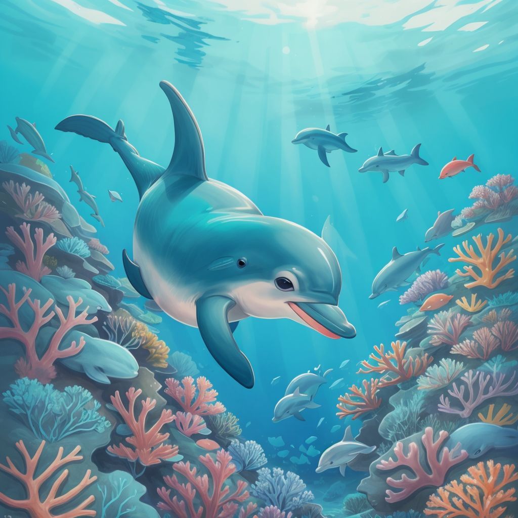 A friendly dolphin named Dippy swimming next to colorful coral reefs