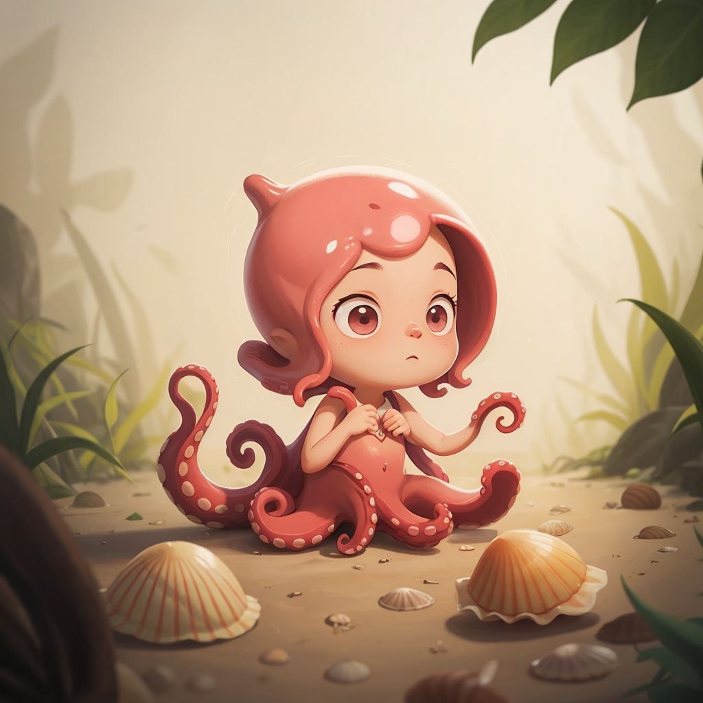 Octavia collecting a variety of shells, determined expression on her face