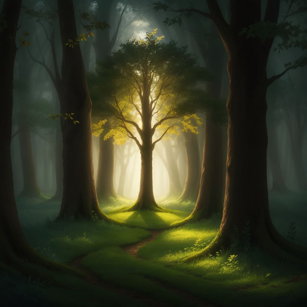 An enchanted tree glowing with a soft light in a mystical forest
