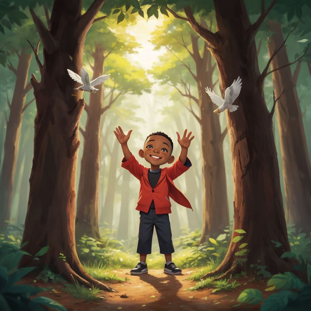Za'Chari standing in an enchanted forest with tall trees that have smiling faces and birds singing around him.