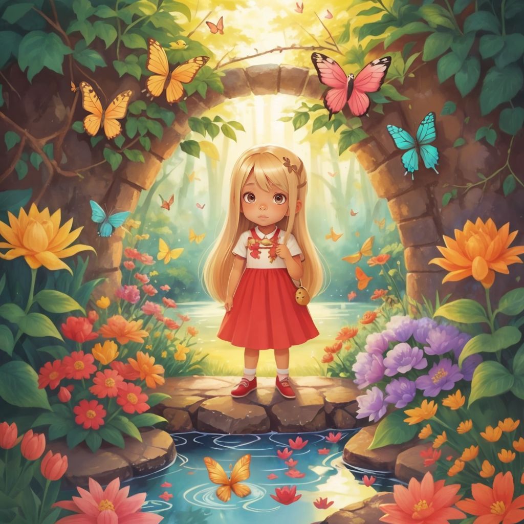 Lilly standing in a vibrant garden with colorful flowers, butterflies, and birds around a sparkling pond with golden fish.