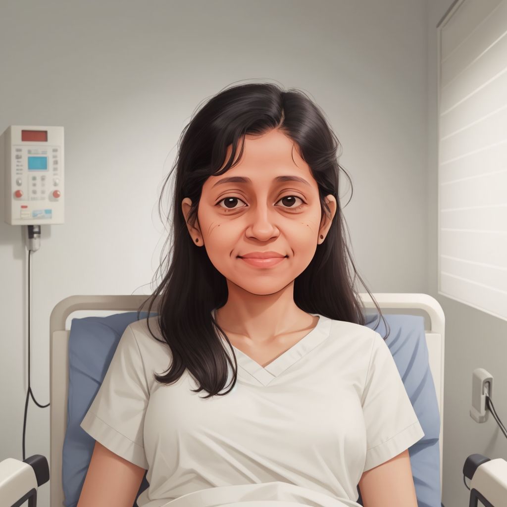 Amita in a hospital bed, recovering from surgery, with a hopeful expression on her face