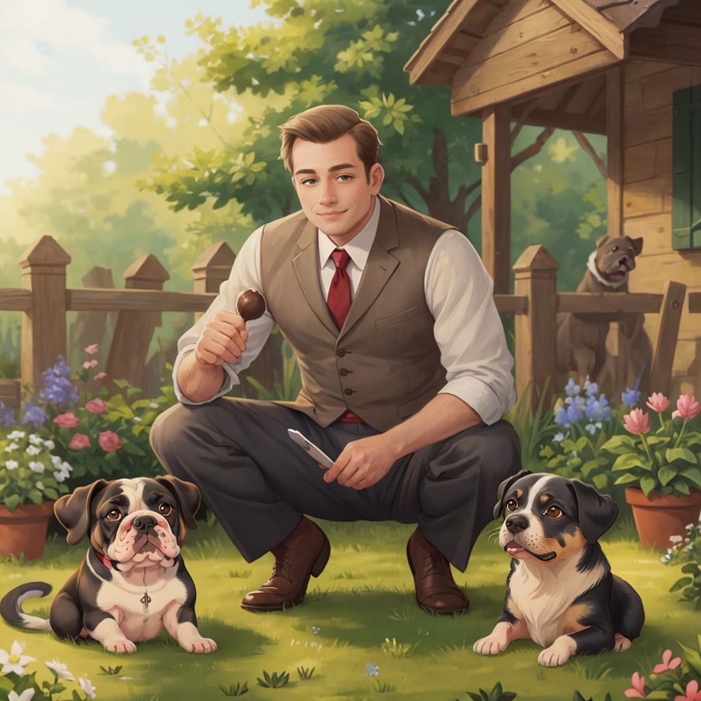 Mr. Pears working in the garden with a smile, while Thomas and Carl play nearby