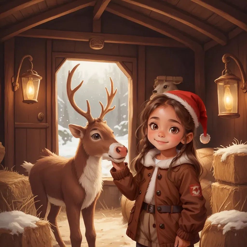 Sarah giggling as she pats a reindeer's nose in a cozy stable
