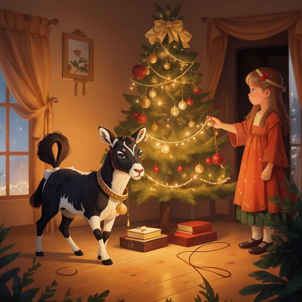 Katnis holding the end of a string of lights while Amanda decorates the tree