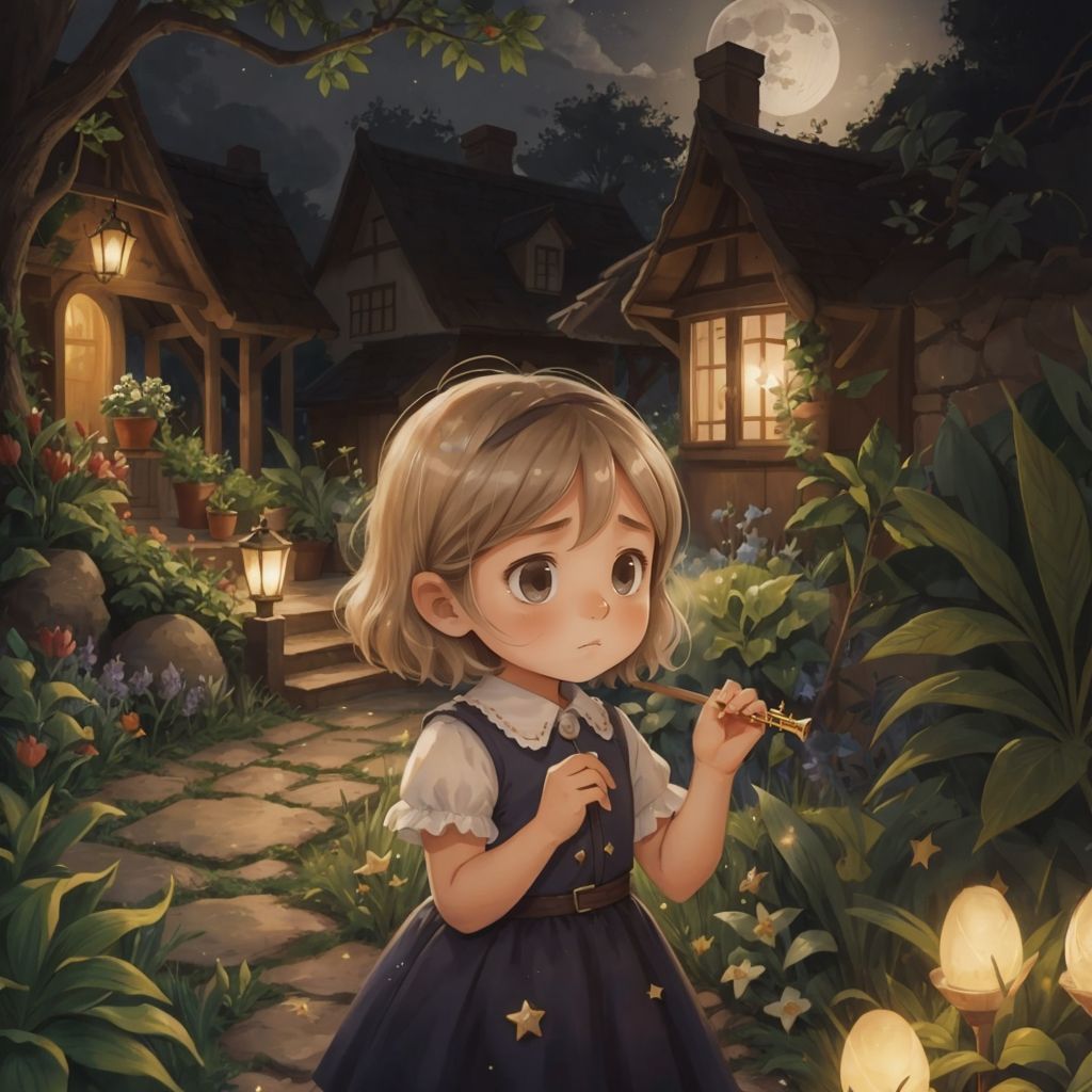 Luna looking shy and hesitant as a glowing moonbeam offers her a small, shimmering flute. The moonlit garden is in the background.