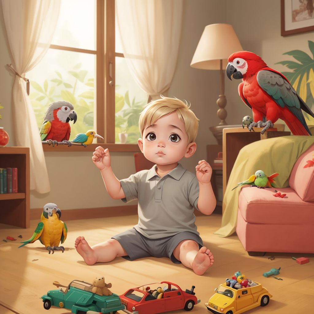 Efe clapping his tiny hands with excitement as Jack the parrot squawks happily nearby. The living room is cozy with toys scattered around.
