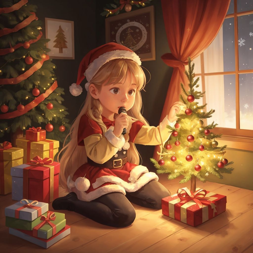 Amanda singing Christmas carols with the tree glowing brightly in the background