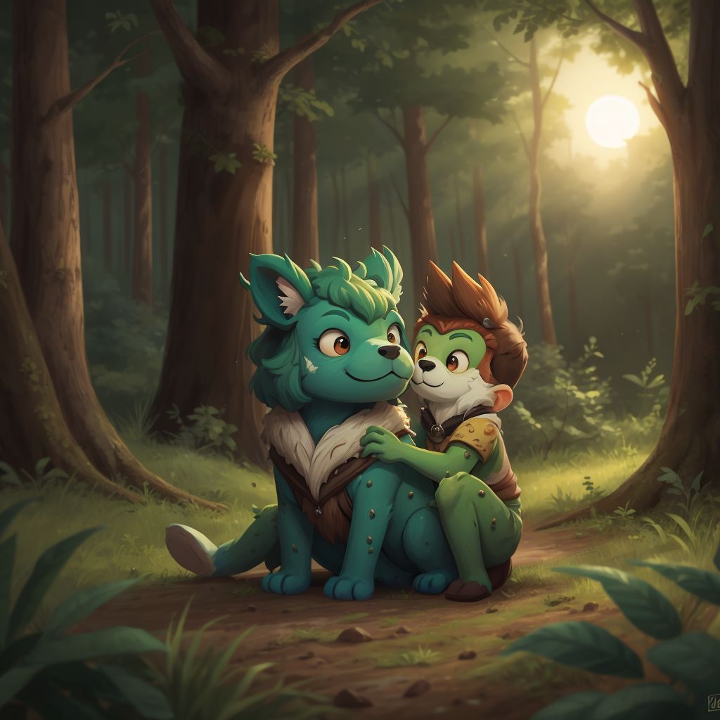 John Jr hugging Octun with a sad expression, under a sky with a setting sun