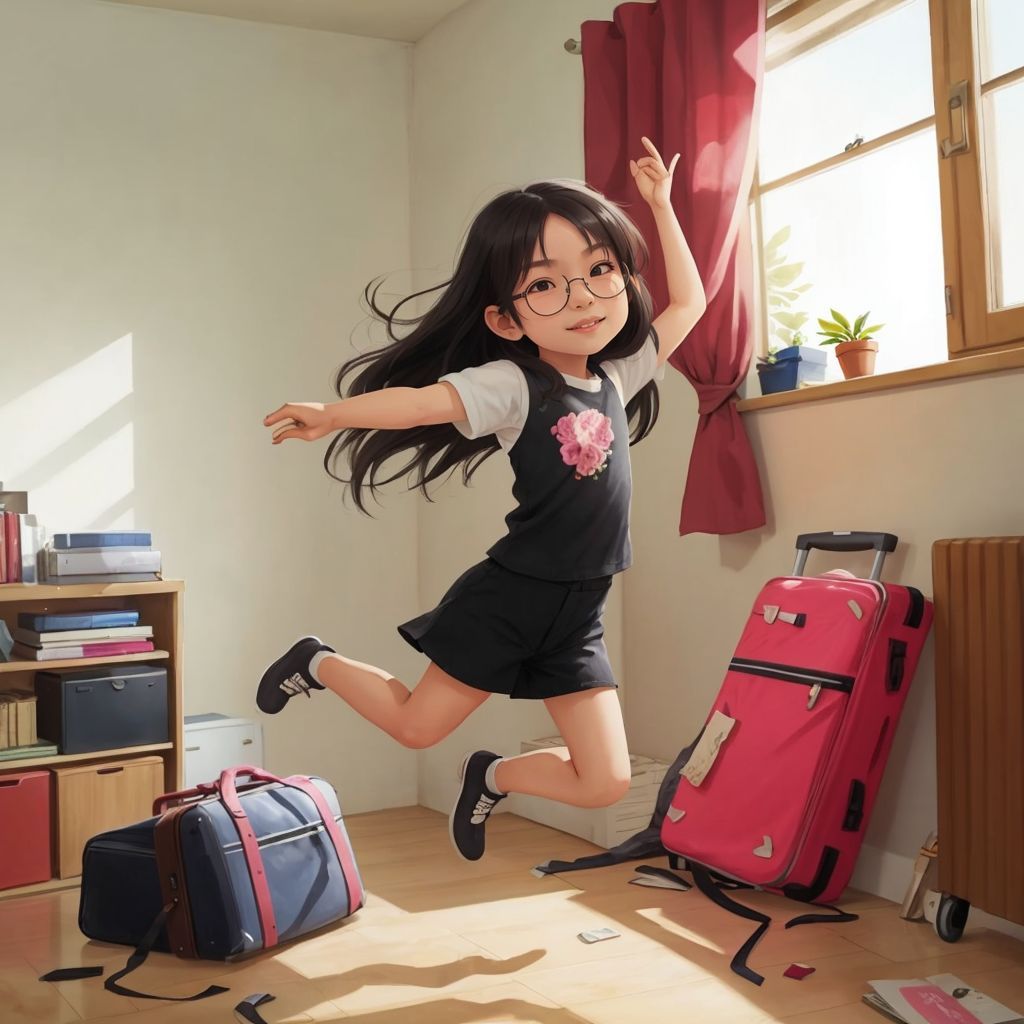 Hebe jumping with joy in her room, with a suitcase on the floor and sunlight streaming through the window