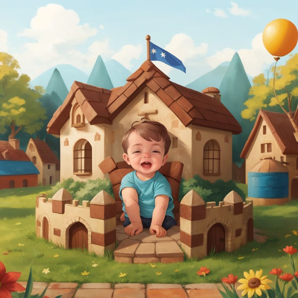 John Jr playing in his backyard castle made of colorful blocks with a flag on top, a sunny day in the background
