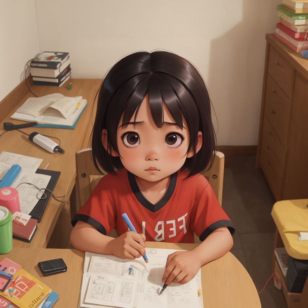 Frustrated Pinang searching for her favorite toy in a cluttered room, with an upset expression on her face.