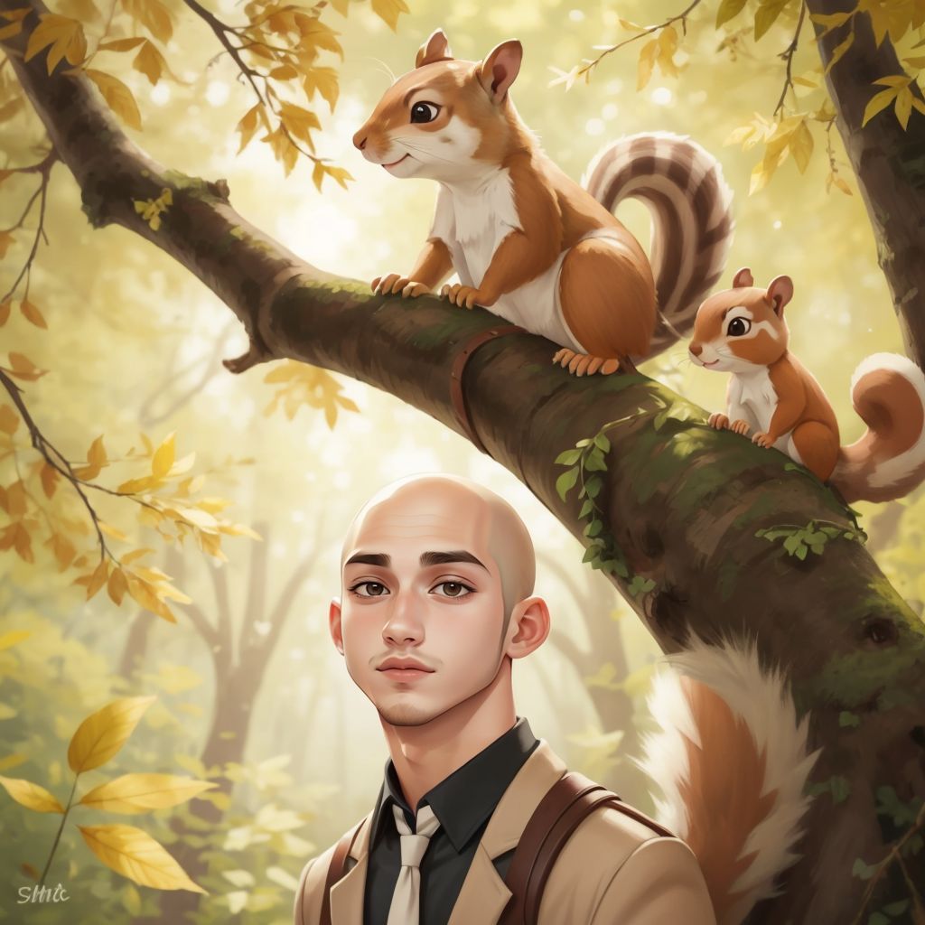 A friendly squirrel named Sammy standing on a branch, with Adam looking up and smiling.