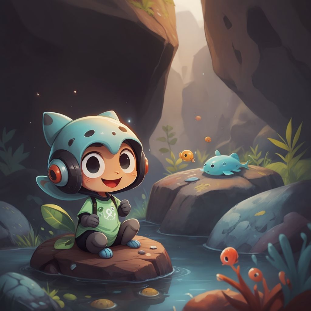 Groog peeking into a rock pool, fascinated by the tiny shrimp and colorful fish.