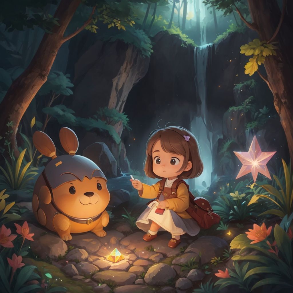 Minik, Hazel, and Glimmer, a shy firefly with a soft glow, standing near a waterfall. A small glowing crystal on the ground.
