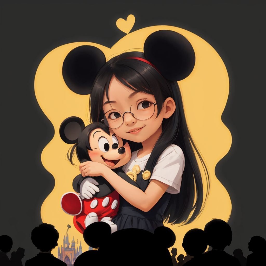 Hebe hugging Mickey Mouse and smiling brightly, with other Disneyland characters in the background