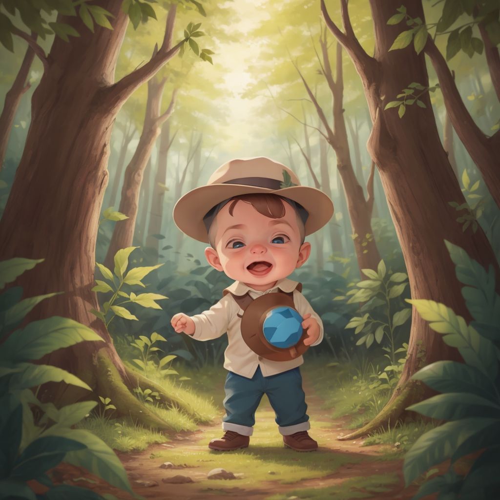 John Jr wearing a hat and carrying a toy, standing in a joyful forest setting
