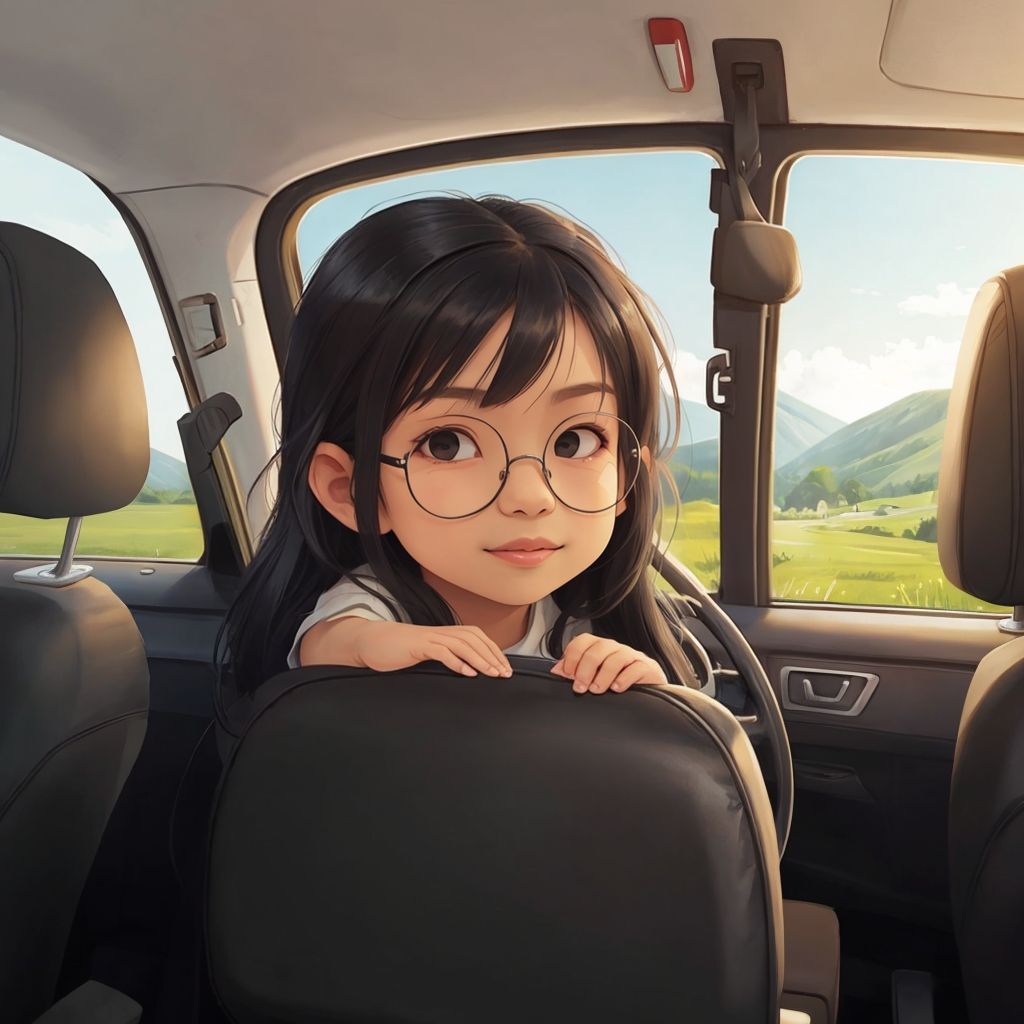 Hebe looking out the car window at beautiful landscapes, with a smile on her face