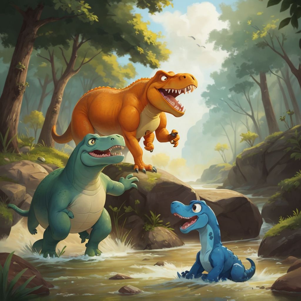 Max the T-Rex laughing while jumping across rocks in a wide river. Buck the Velociraptor splashing in the water. Arlo the Apatosaurus standing nervously at the riverbank