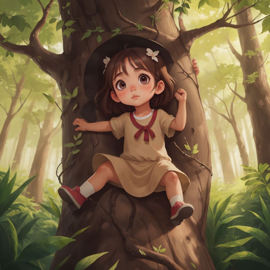 Talia climbing a tree with a determined look on her face, surrounded by a lush forest
