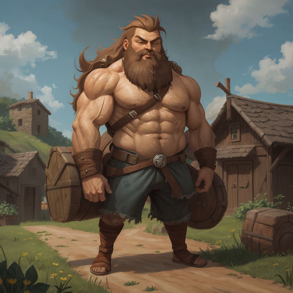 Grumpy the Giant carrying heavy loads and fixing roofs, admired by grateful villagers