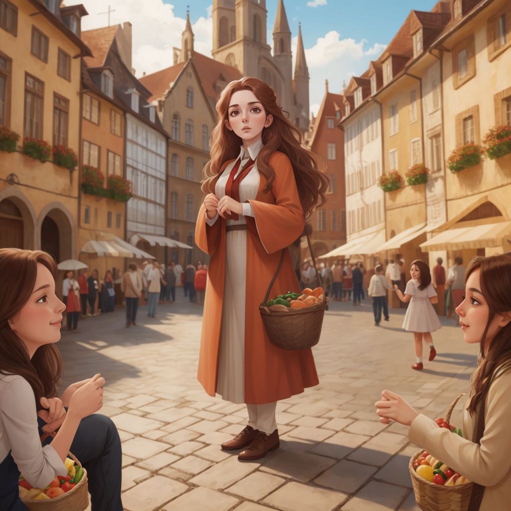 SuperMEL standing proudly in the city square, surrounded by happy families with baskets of food