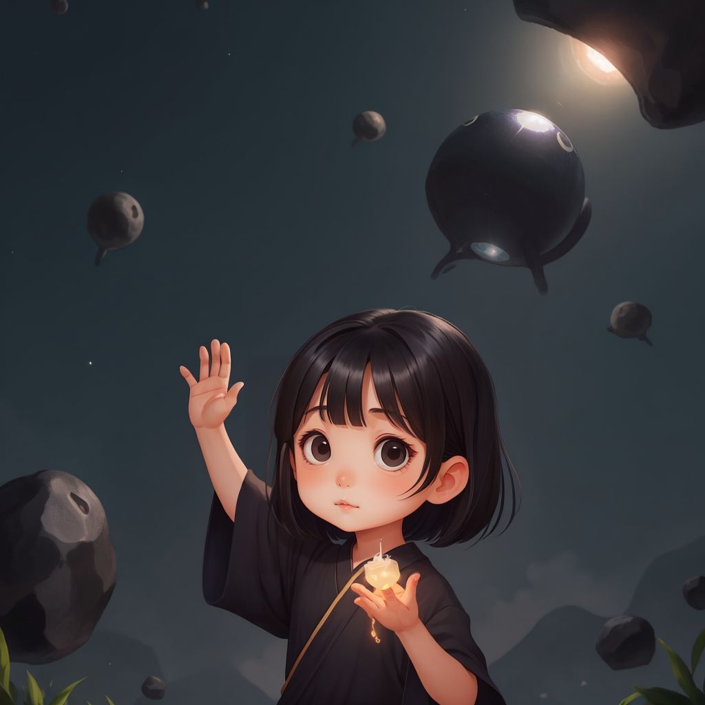 Mahi holding a small glowing stone, waving goodbye as the shiny object with the aliens takes off into the sky