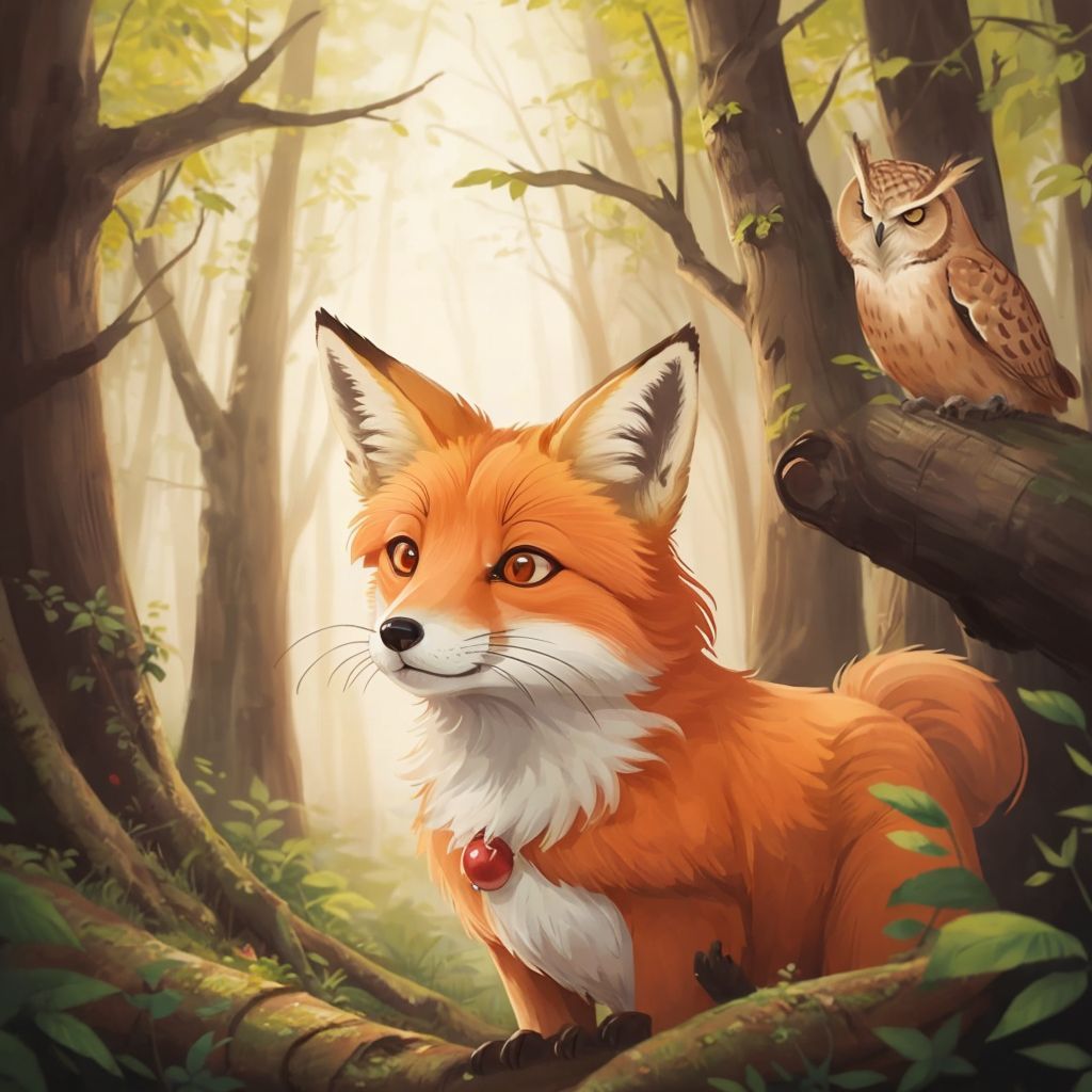 Felix the fox looking overwhelmed in a bustling forest, with an old wise owl named Oliver perched nearby.