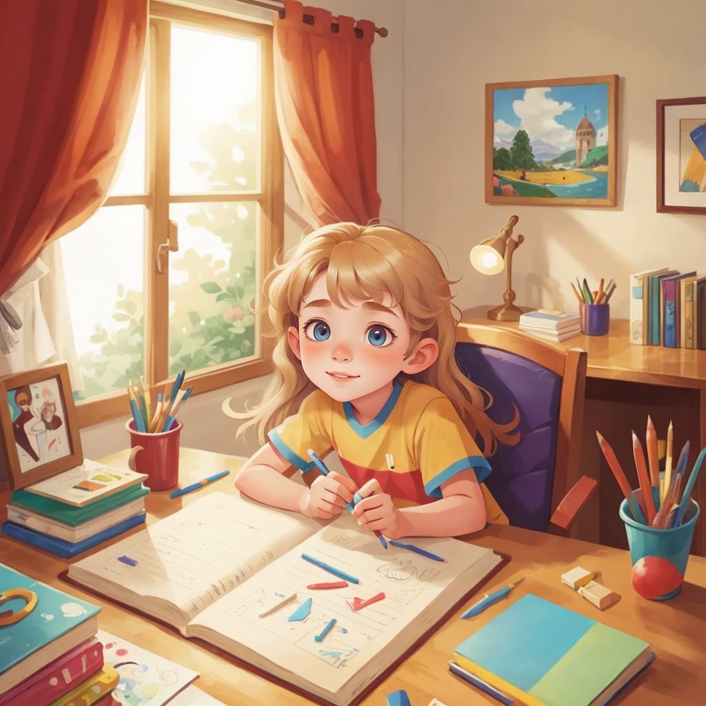 Ollibob sitting at his desk surrounded by colorful art supplies, looking eager and excited