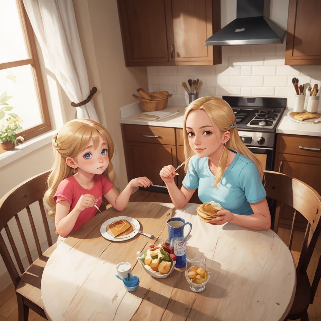 Nika and Julia sitting at the table, enjoying pancakes with butter and sour cream.