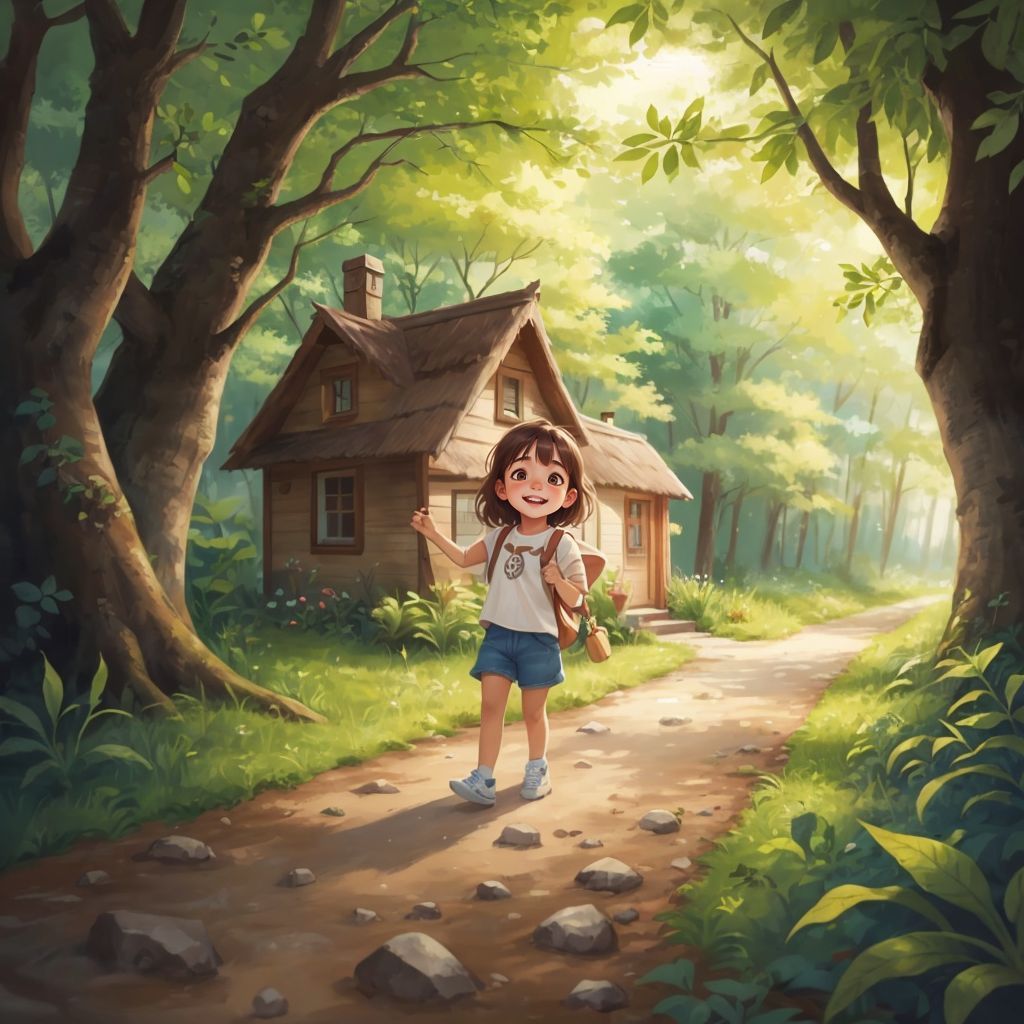 Luna standing in front of her cozy cottage surrounded by lush green forests