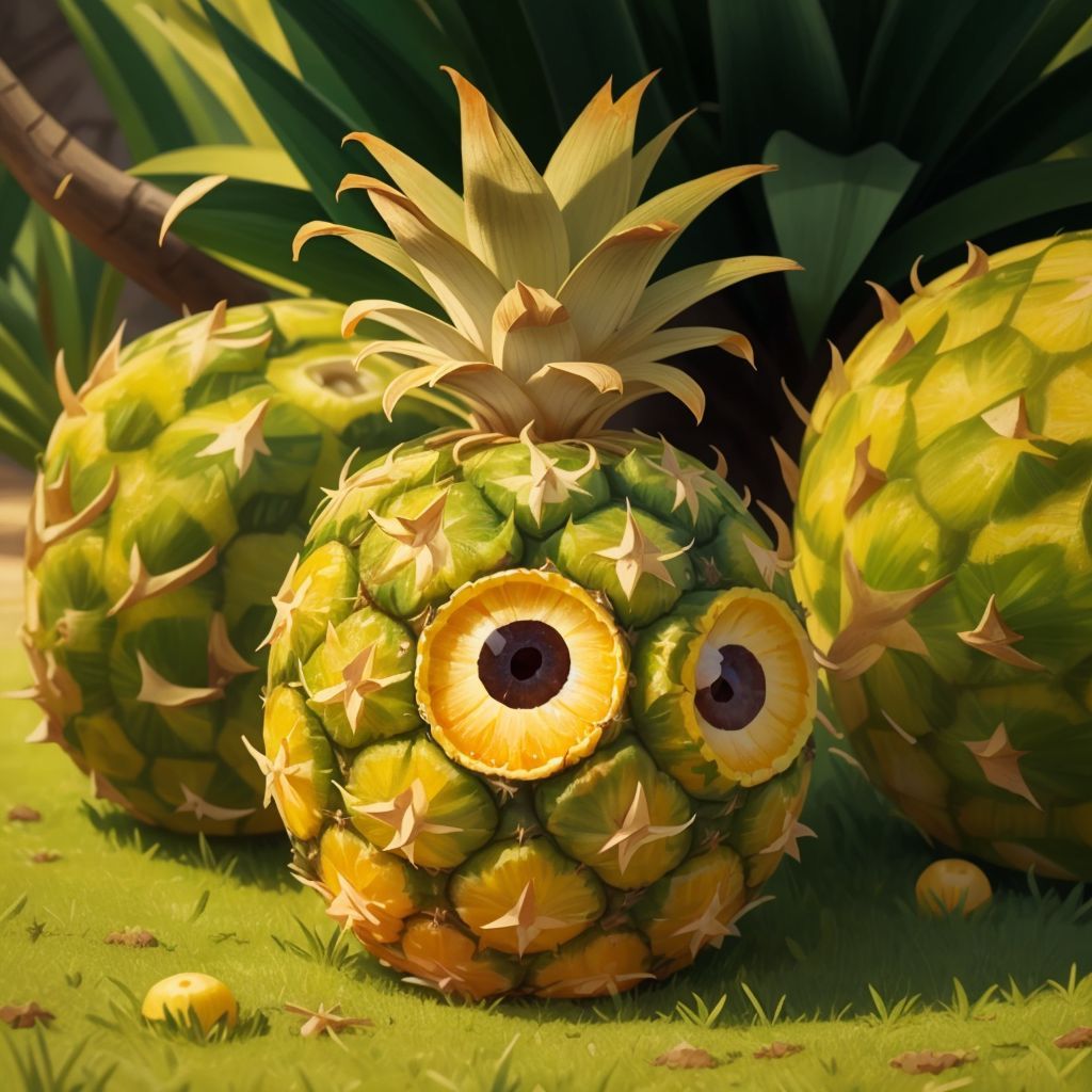 A Pineapple fruit that surrounded by like human eyes, growing in a yard.