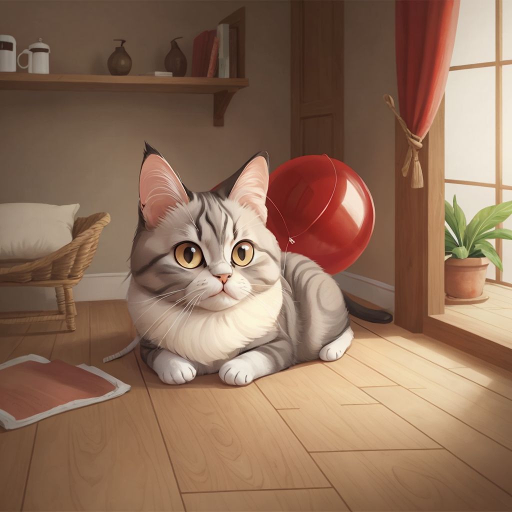 Kitty the cat carrying the red balloon gently in her mouth inside a cozy house