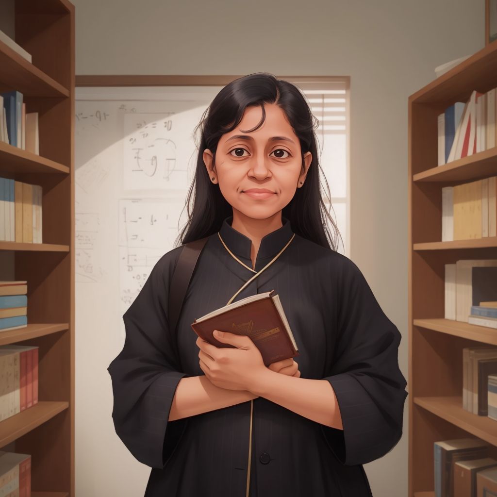 Young Amita with a determined look, holding a book on mathematics, standing in front of her mother who looks concerned