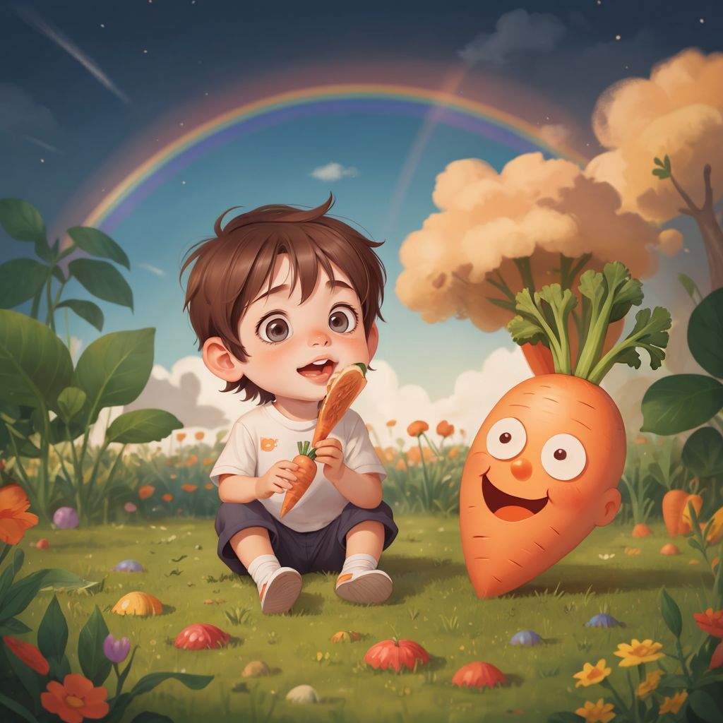 Benny happily holding a carrot, with Callie the Carrot smiling beside him in the Rainbow Garden