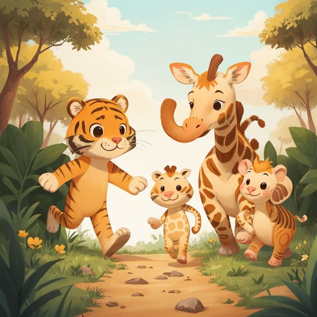 Jaden the nervous tiger and Pie the silly giraffe walking past elephants, Jaden smiling