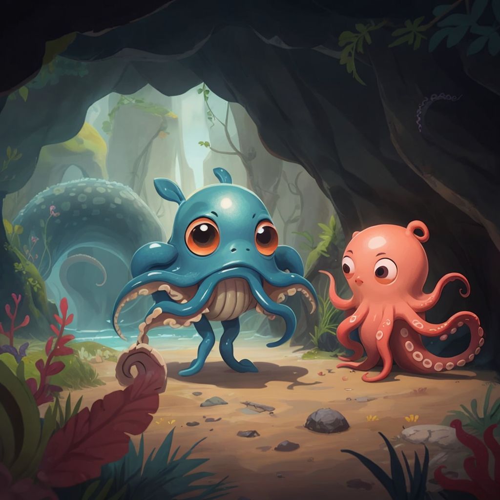 Ollie the cuttlefish waving a tentacle, inviting Octavia to explore a cave