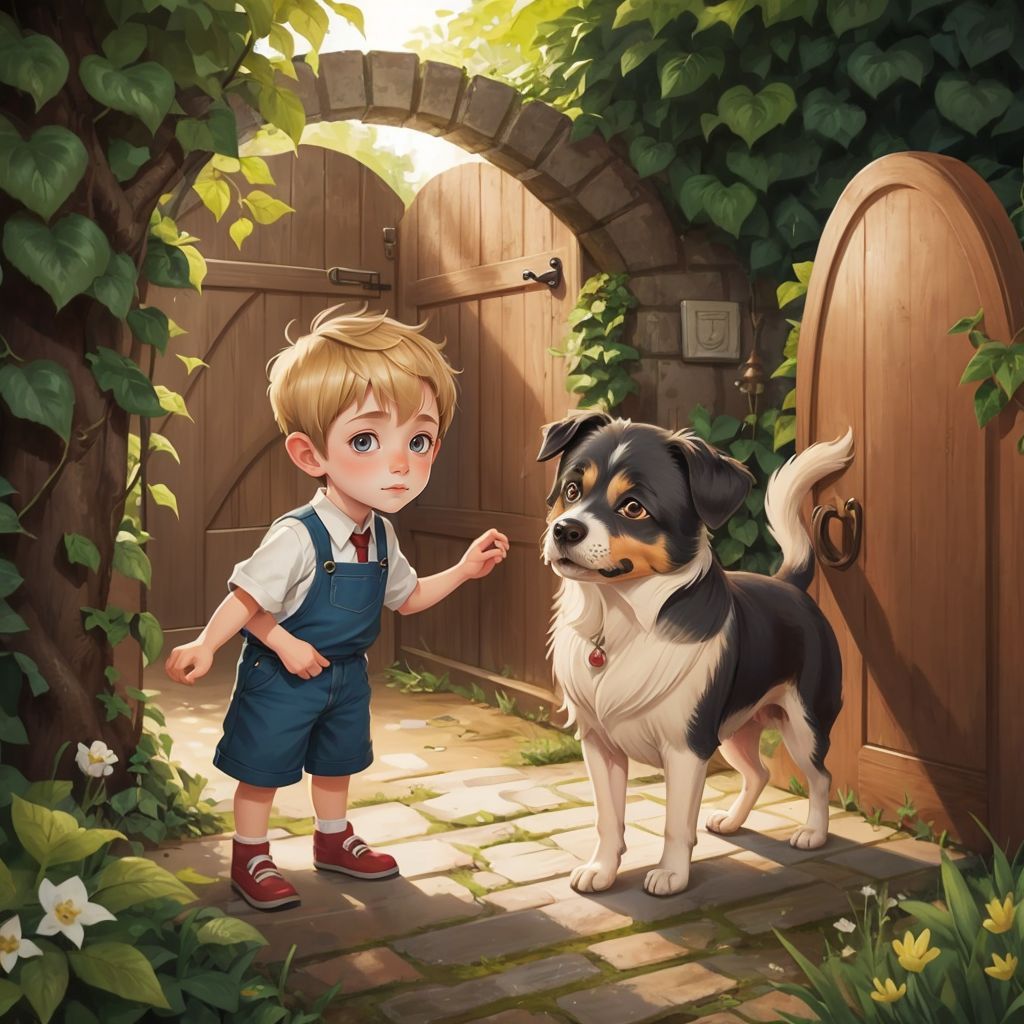 Joe standing with Carl next to him, both looking curious as they explore a garden with a hidden gate covered in ivy