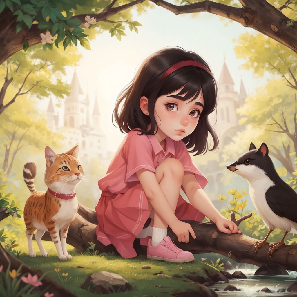 Su and her animal friends moving a fallen tree by the riverbank with determination on their faces.