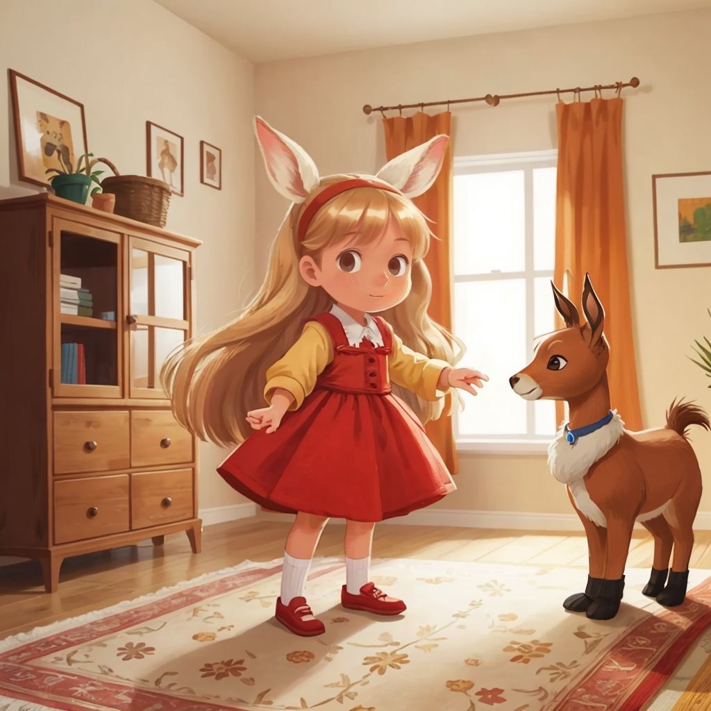 Amanda standing in her room with Trouble, a Nubian doe, looking excitedly at her.
