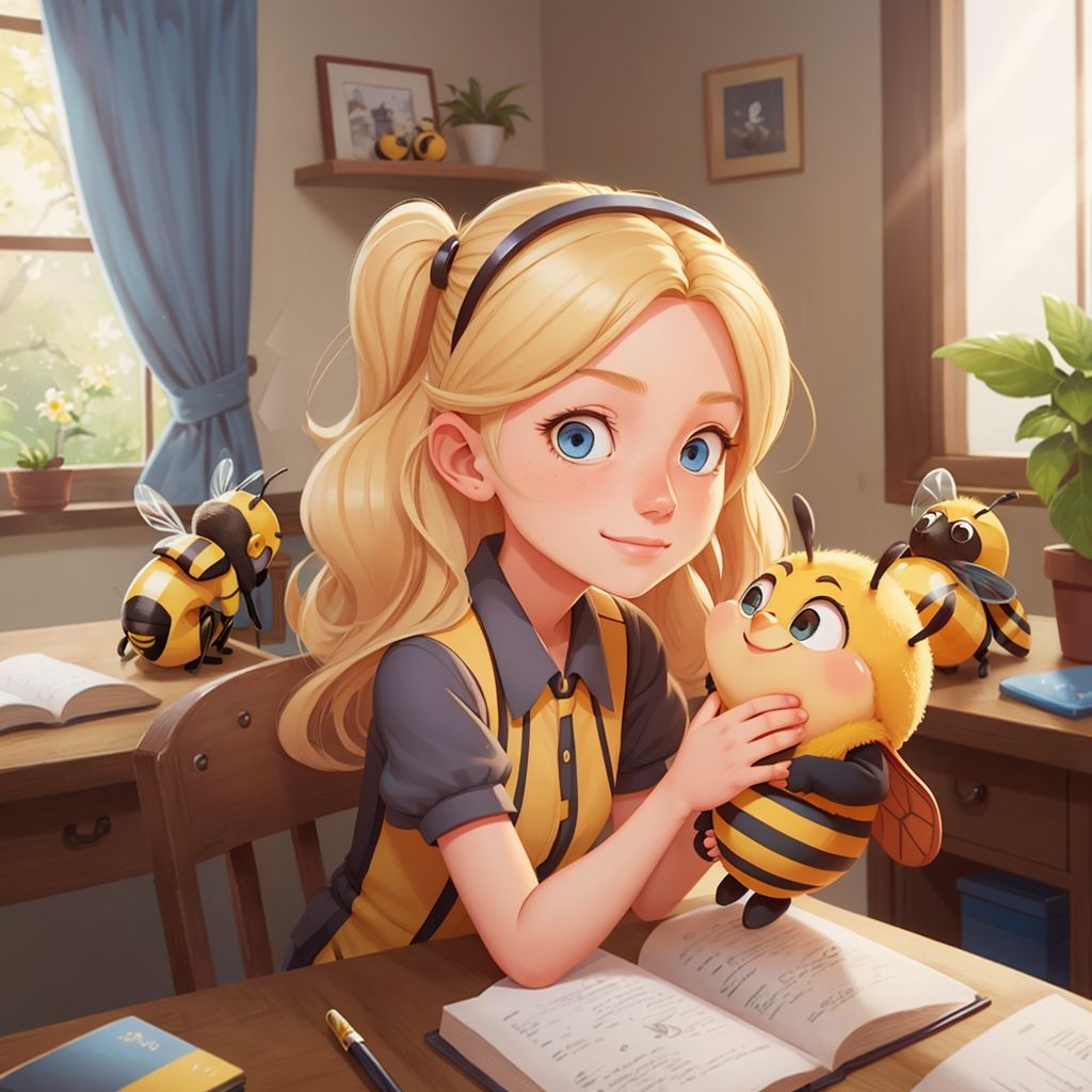 Mrs. B with a gentle smile, surrounded by little bees during storytime, Little Bee sitting close
