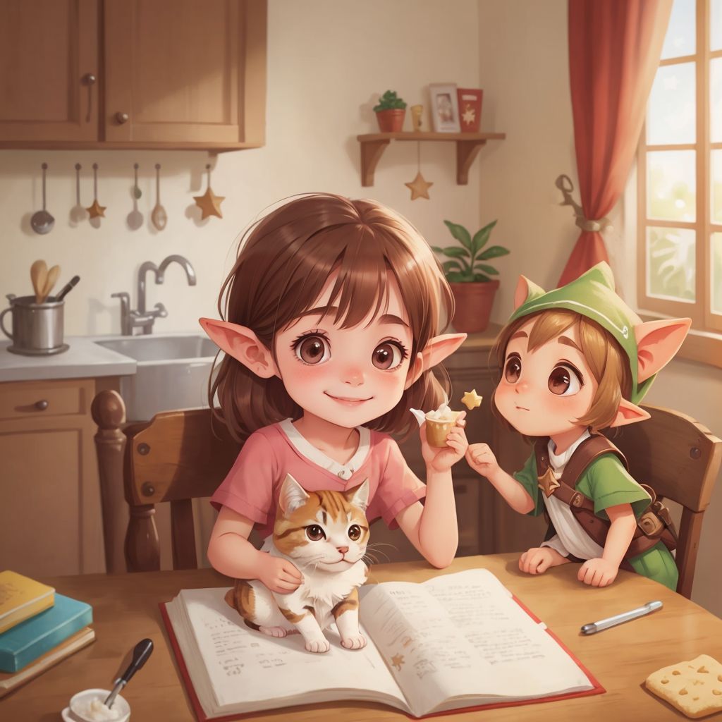Annie with her kitten, smiling widely as she receives a star-shaped cookie from Ellie