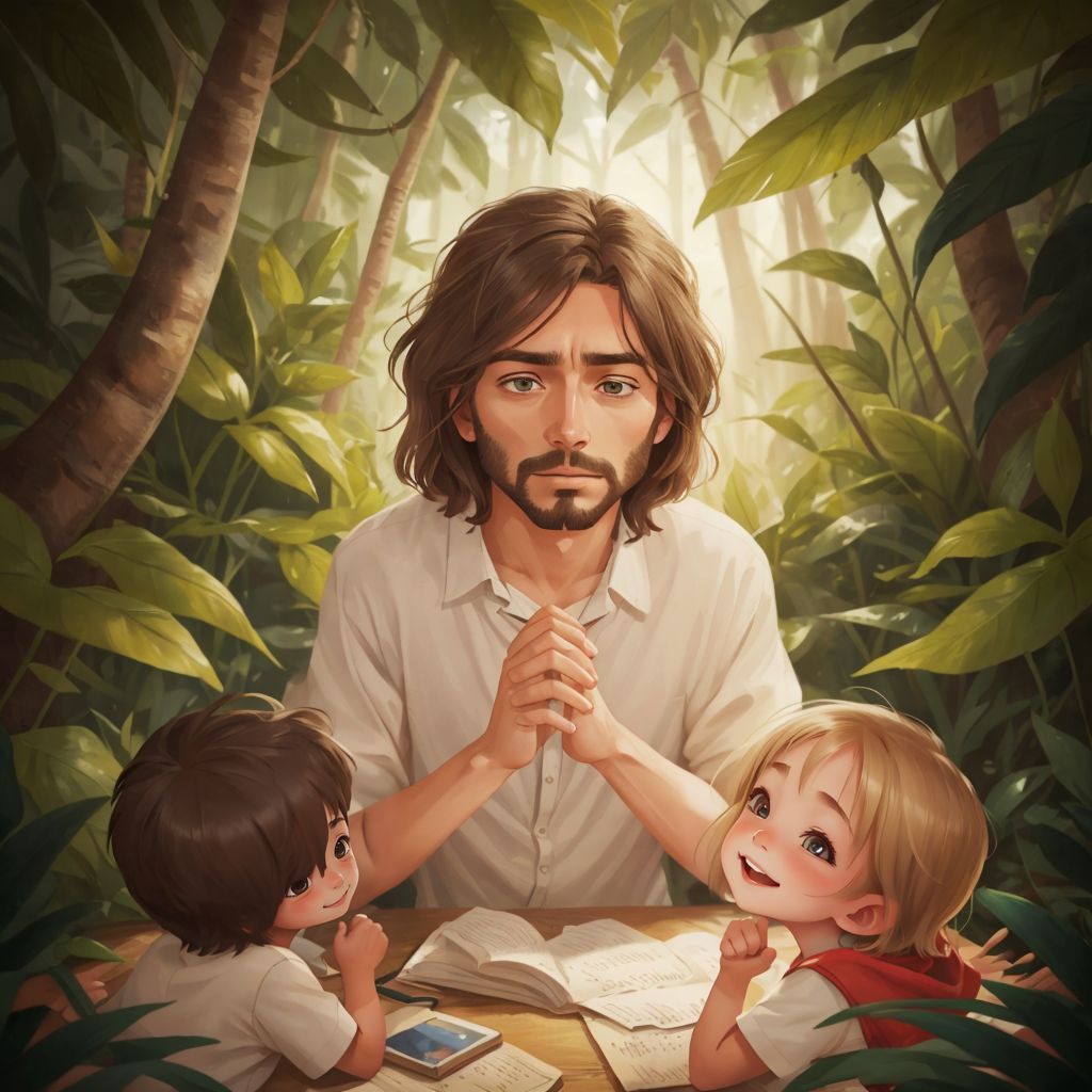 Jesus speaking with a calm expression, with Osh and Ish listening intently.