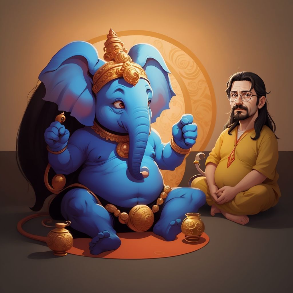 Ganpati Bappa appearing in a bright light, with Newton Uncle looking surprised and curious