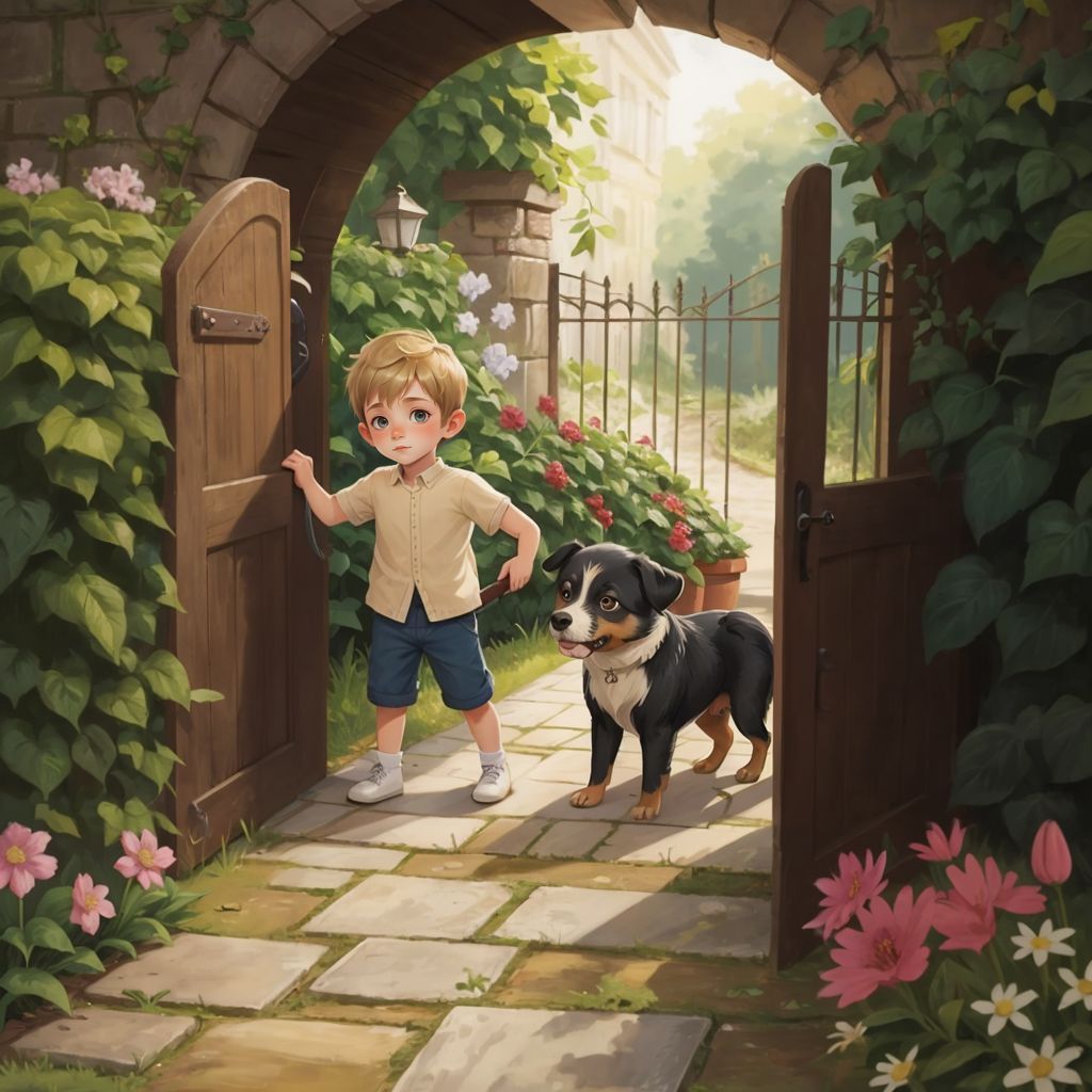 Joe opening an old, ivy-covered gate with Carl by his side, revealing a garden full of colorful flowers and strange plants