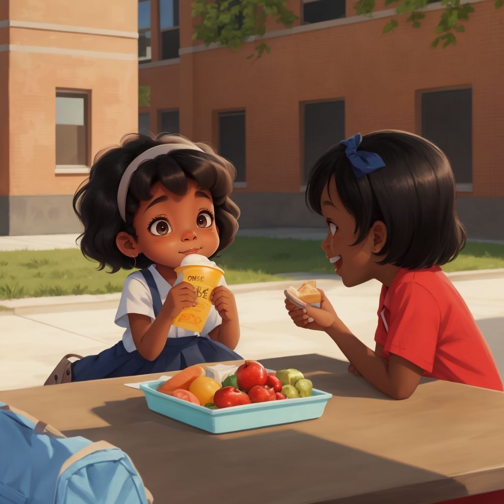 Janet smiling and handing her lunch to a friend in a schoolyard. Other children playing in the background.