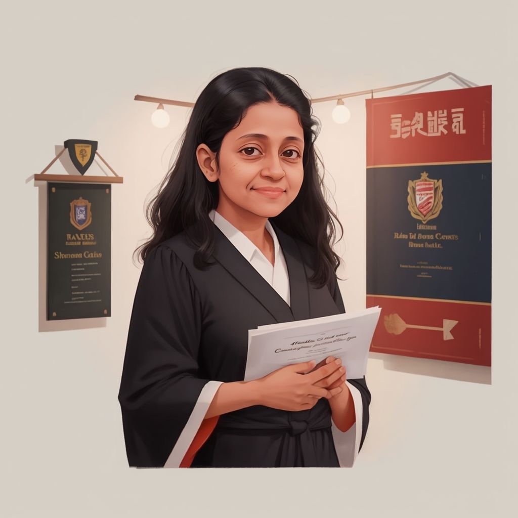 Amita in a graduation gown, holding her certificate with pride, with a background of a college campus