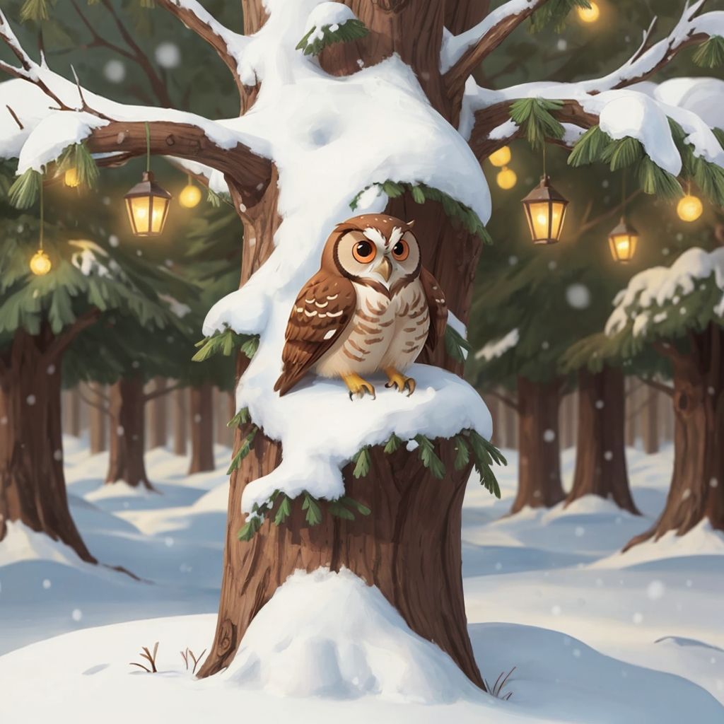 Sam the bird hanging Christmas lights high in a snow-covered forest tree